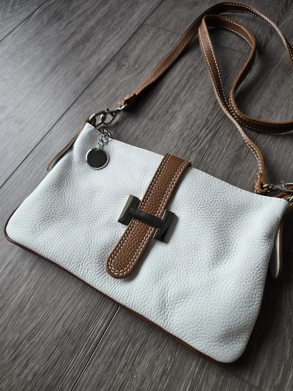 Borse in Pelle Italian Genuine Leather Crossbody Bag White Tan Two Tone Purse